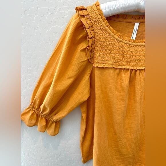 ANTHROPOLOGIE Yellow Ruffle Smocked Peasant Top Cotton Boho Cottagecore | XS - Picture 3 of 7